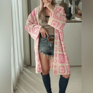 PINK Granny Square Crochet Long Cardigan
